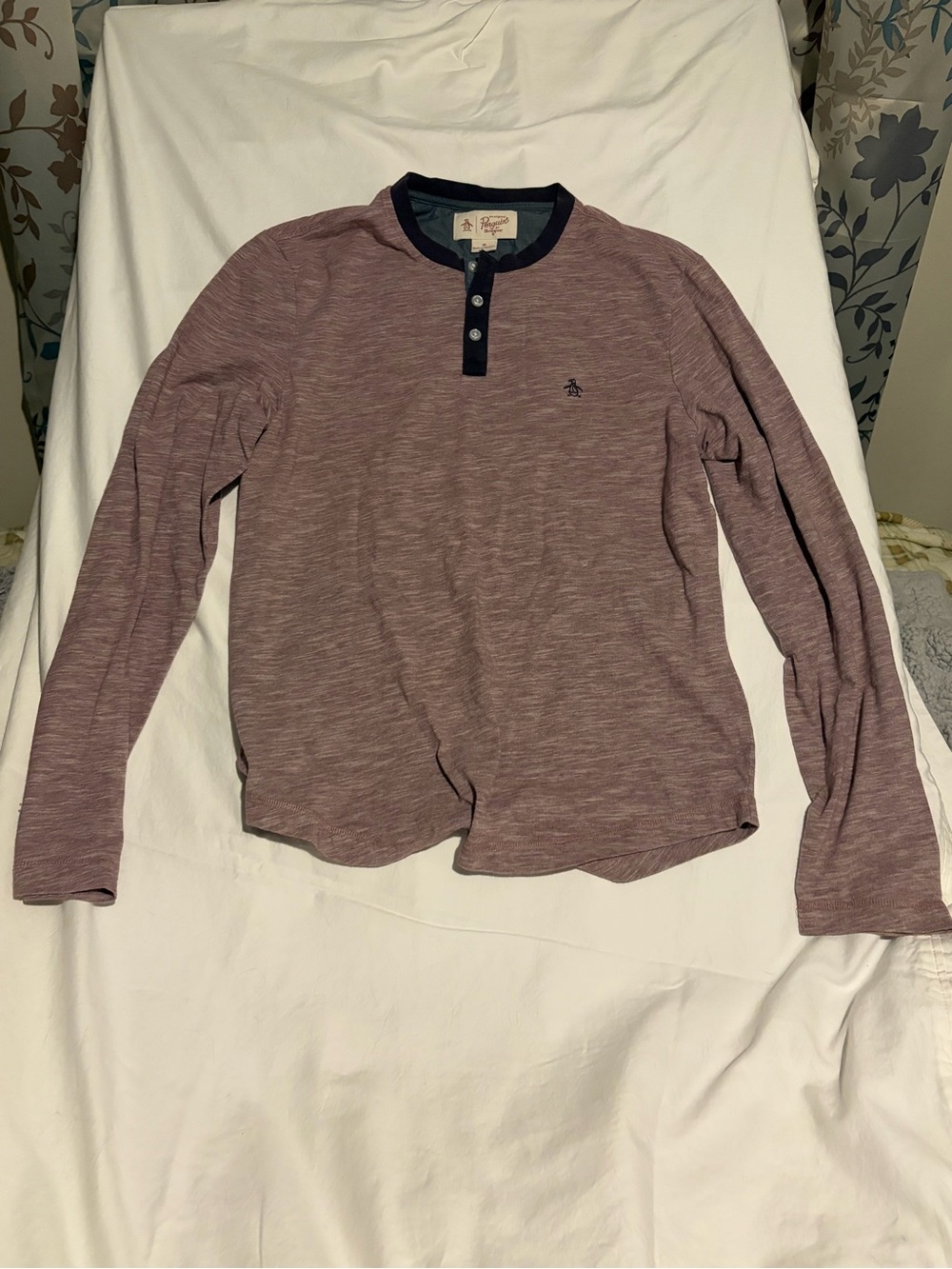 Original Penguin Men's Long-Sleeve Henley in Heather Plum with Navy Trim